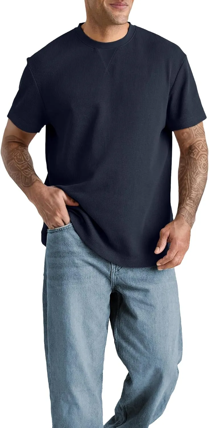Men's T-Shirt Casual Knit Short Sleeve Shape-Resistant Crewneck Waffle Textured Solid Color Cotton Knitted Tees