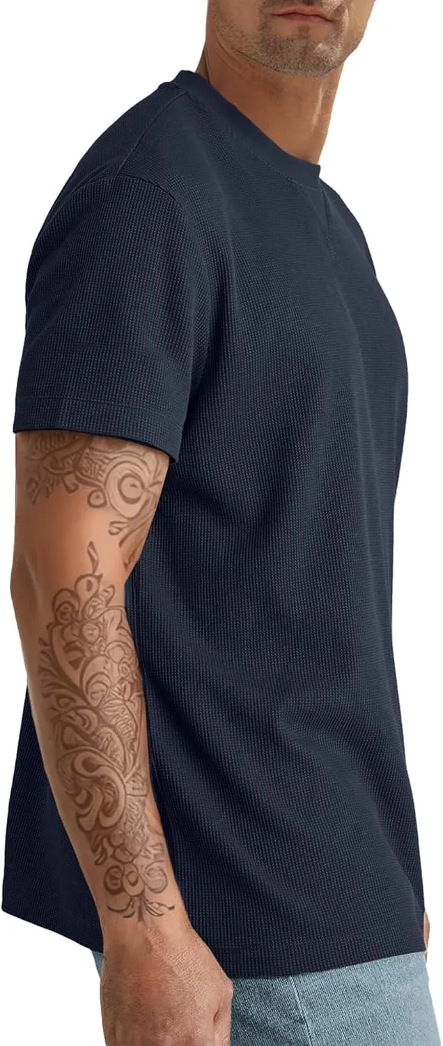 Men's T-Shirt Casual Knit Short Sleeve Shape-Resistant Crewneck Waffle Textured Solid Color Cotton Knitted Tees