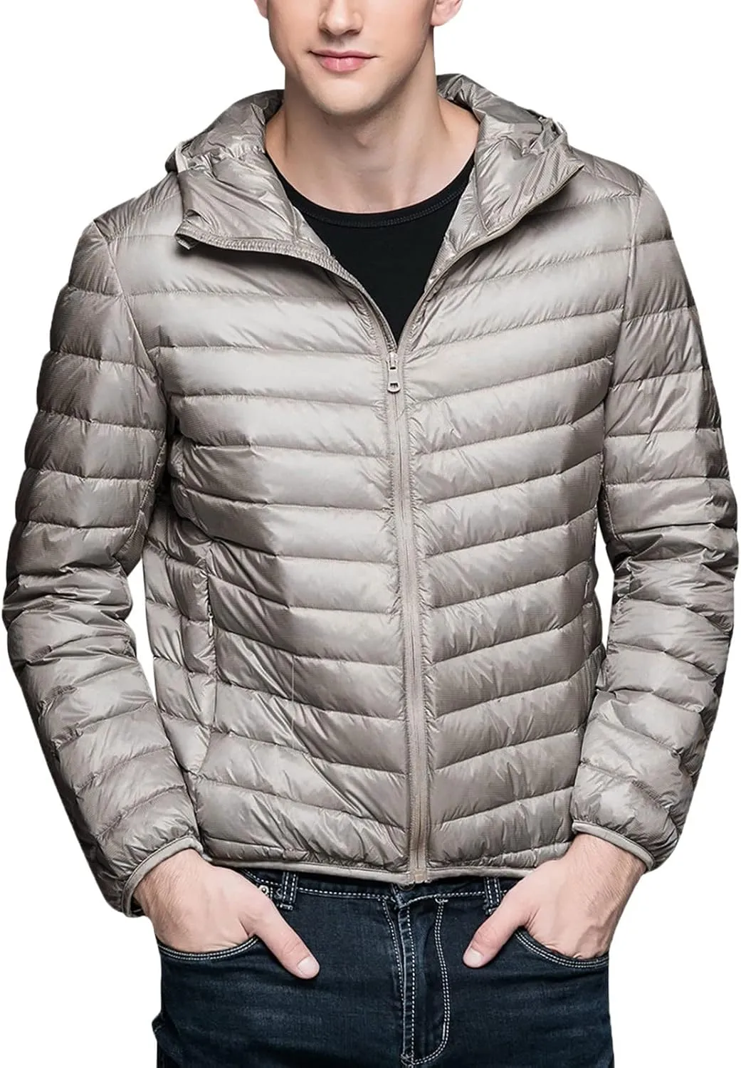 Men's Winter Down Puffer Jacket Packable Lightweight Hooded Down Jacket Warm Windproof Down Puffy Jacket Padded Coats