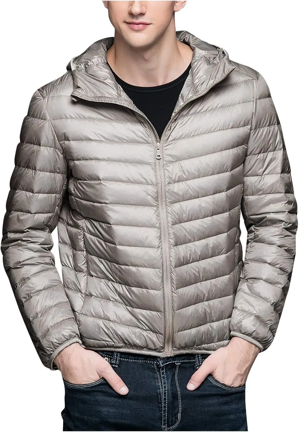 Men's Winter Down Puffer Jacket Packable Lightweight Hooded Down Jacket Warm Windproof Down Puffy Jacket Padded Coats