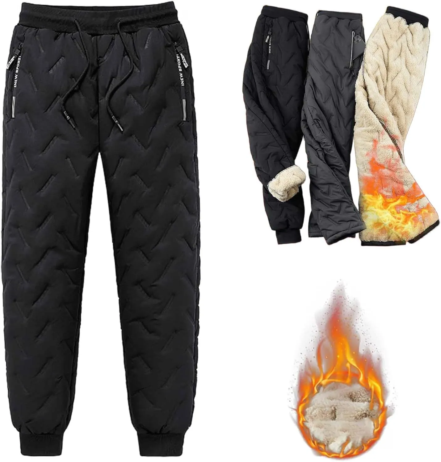 Mens Winter Fleece Sweatpants Sherpa Lined Pants Active Drawstring Jogger Trousers Winter Warm Joggers Pants
