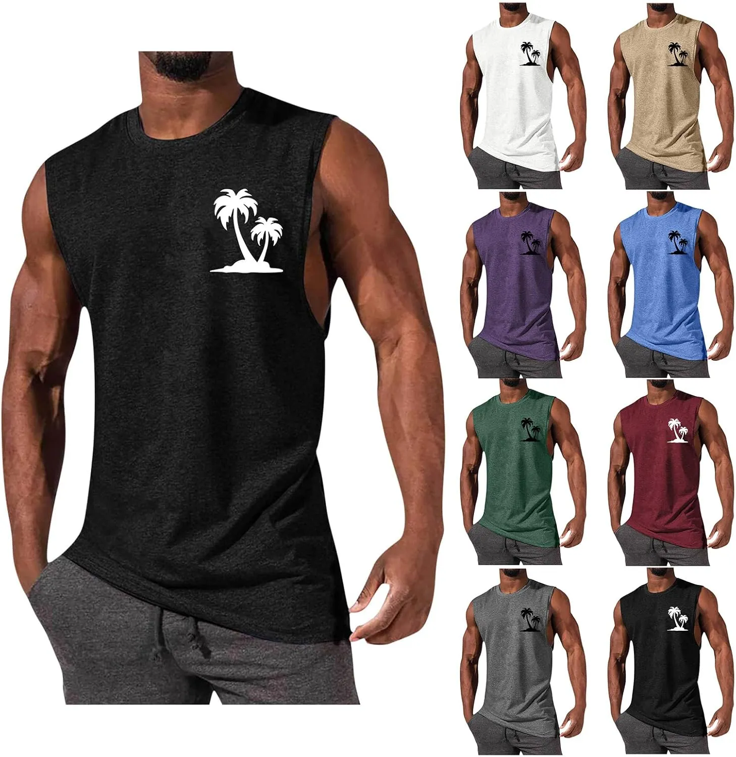 Men's Workout Tank Tops Hawaiian Beach Vacation Tops Cut Off Sleeveless Shirts Summer Graphic Print Basic Undershirts