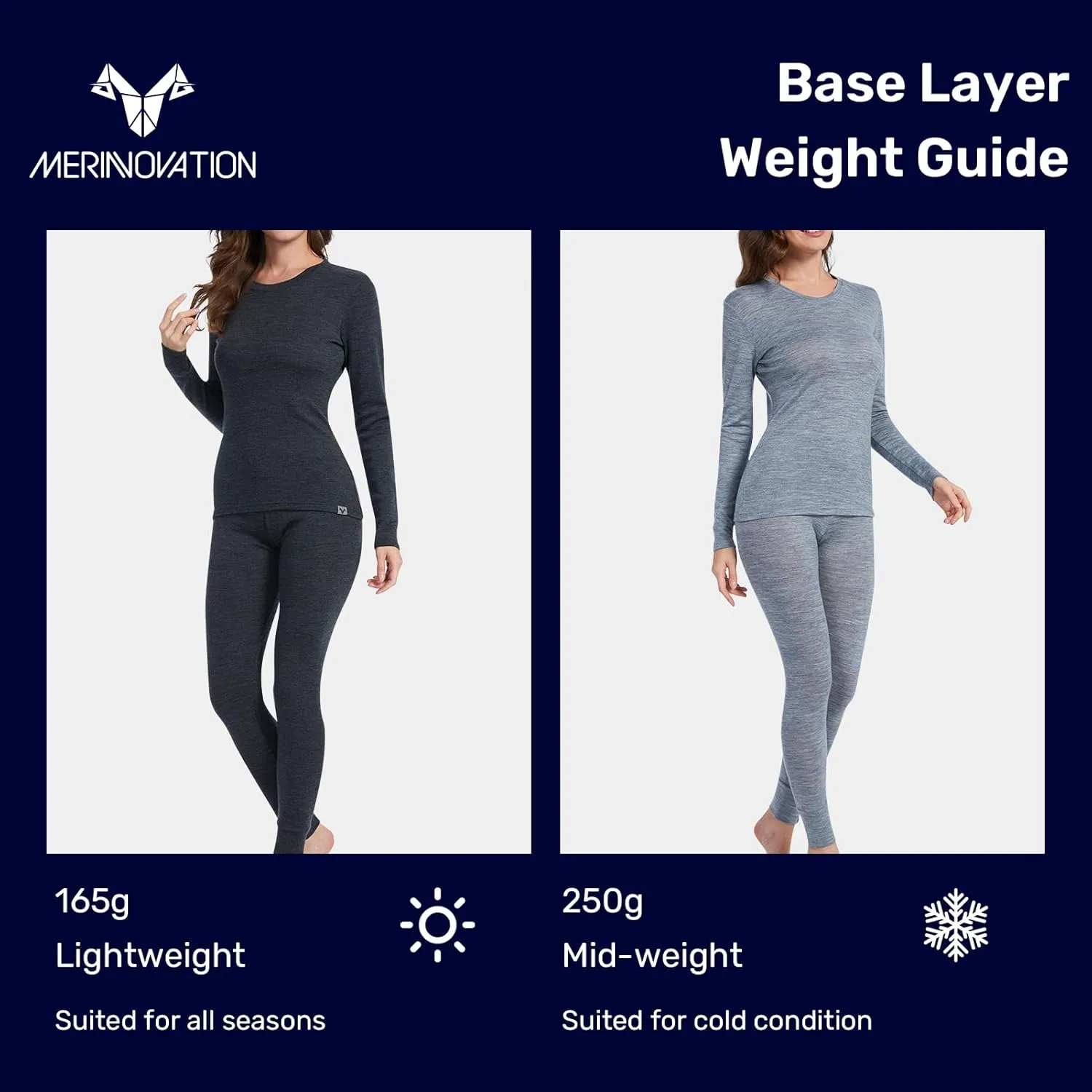 MERINNOVATION Merino Wool Base Layer Set for Women 100% Merino Wool Thermal Underwear Set