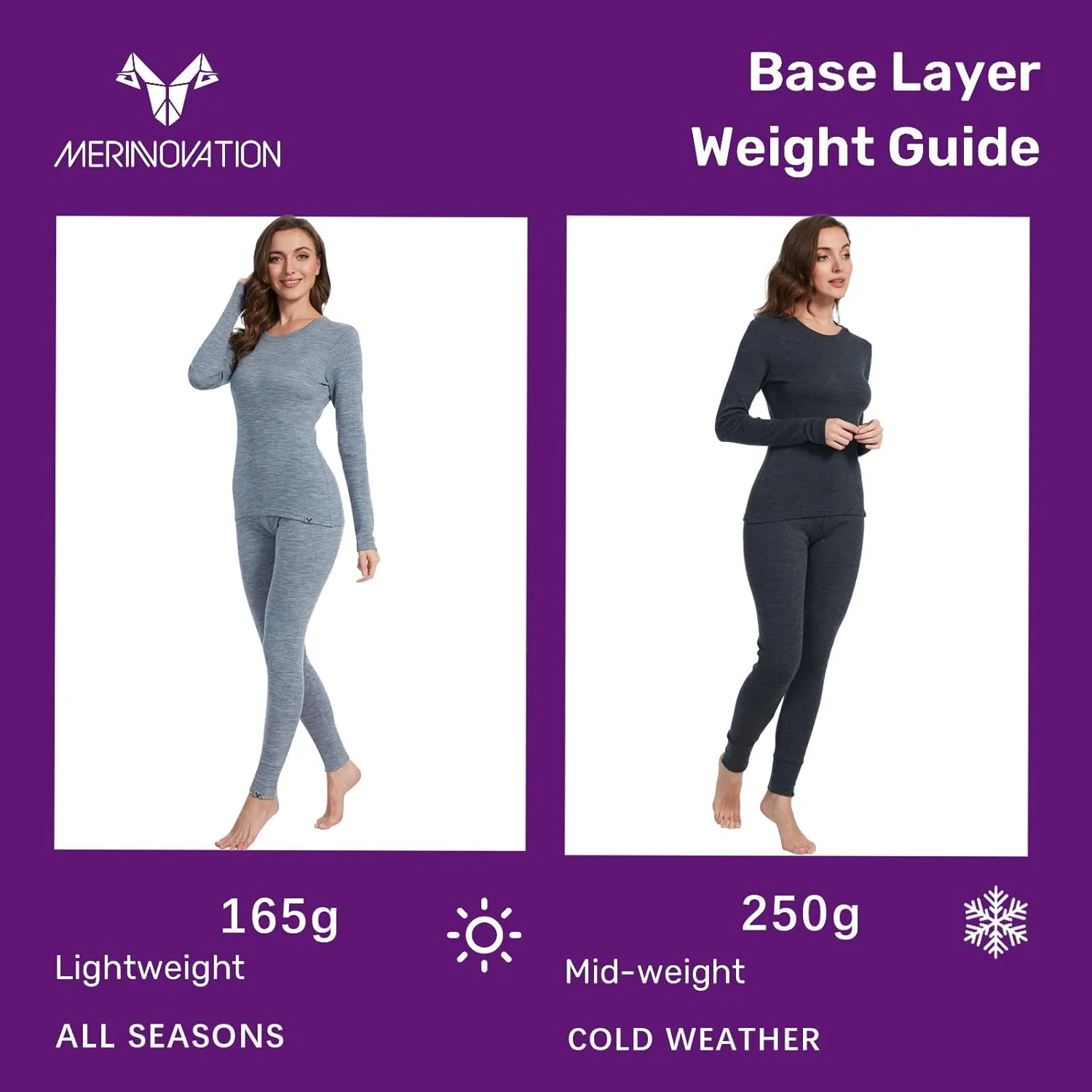 MERINNOVATION Merino Wool Base Layer Set for Women 100% Merino Wool Thermal Underwear Set