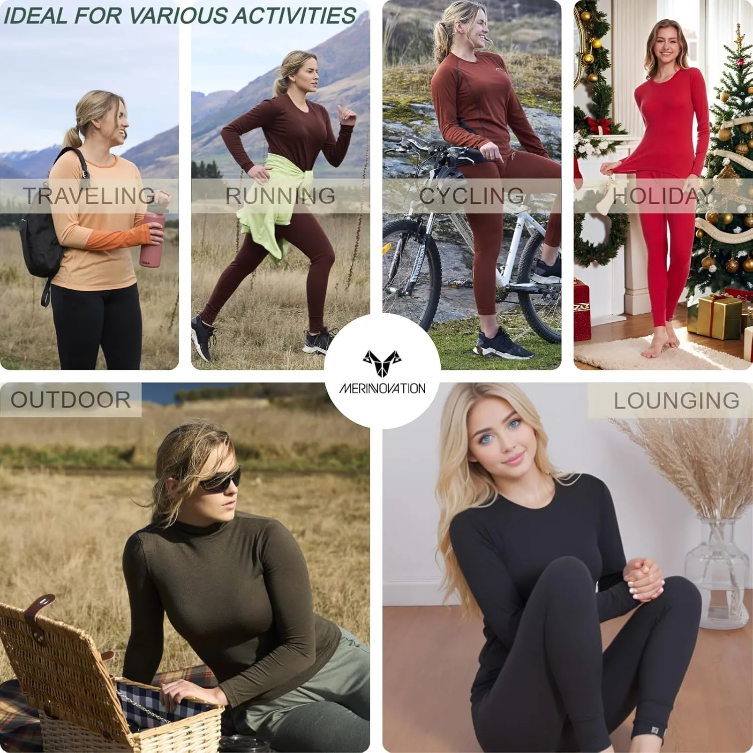 MERINNOVATION Merino Wool Base Layer Set for Women 100% Merino Wool Thermal Underwear Set