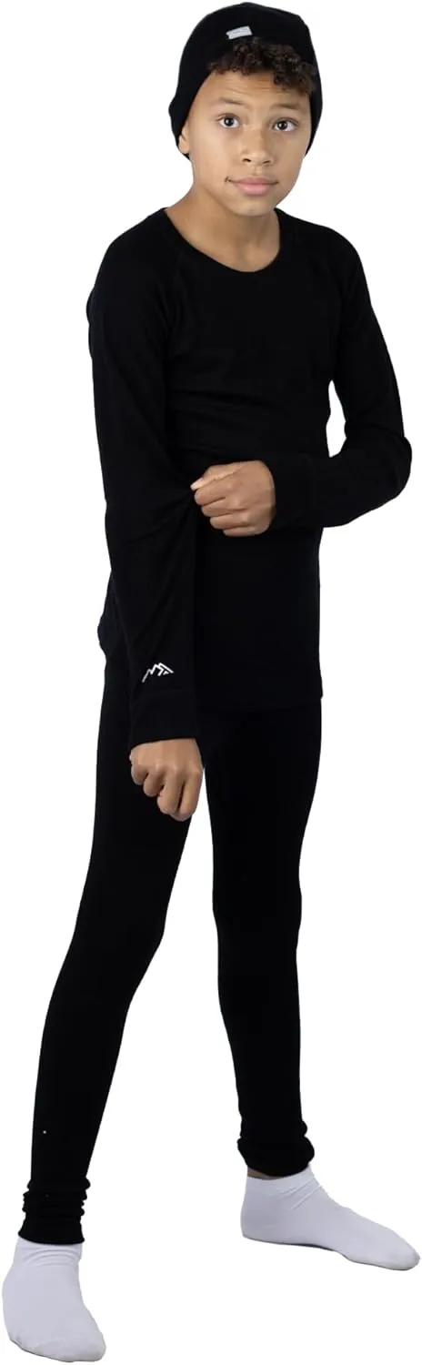 Merino Wool Base Layer Kids Set - Midweight Unisex Merino Wool Thermal Underwear For Kids Top, Bottom, Cuff Beanie