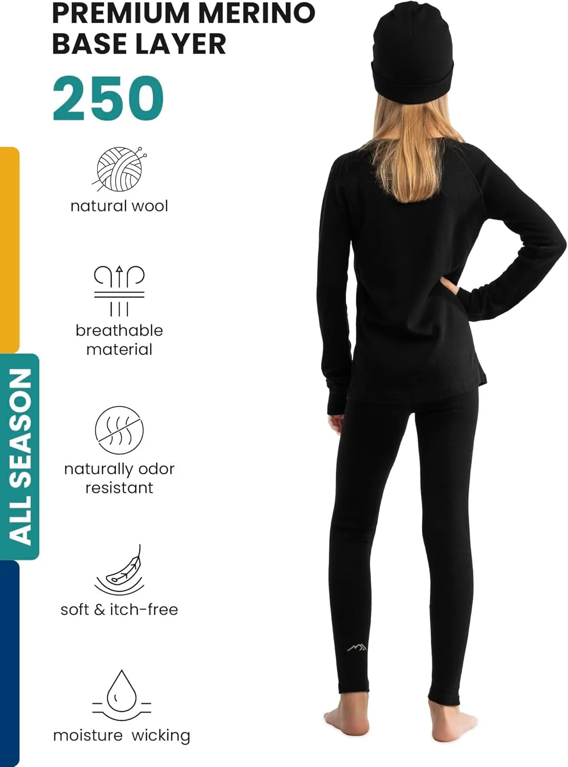 Merino Wool Base Layer Kids Set - Midweight Unisex Merino Wool Thermal Underwear For Kids Top, Bottom, Cuff Beanie
