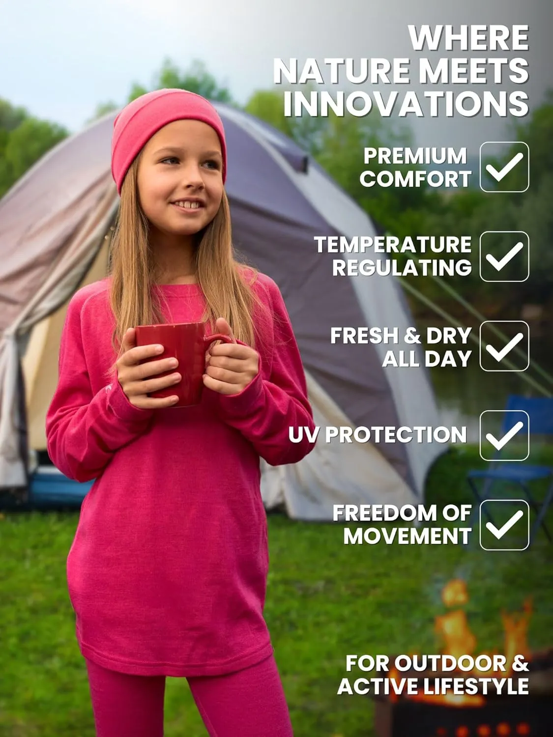 Merino Wool Base Layer Kids Set - Midweight Unisex Merino Wool Thermal Underwear For Kids Top, Bottom, Cuff Beanie