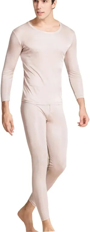 METWAY Silk Long Underwear Men's Mulberry Silk Long Johns Top and Bottom Thermal Underwear Set/Base Layer