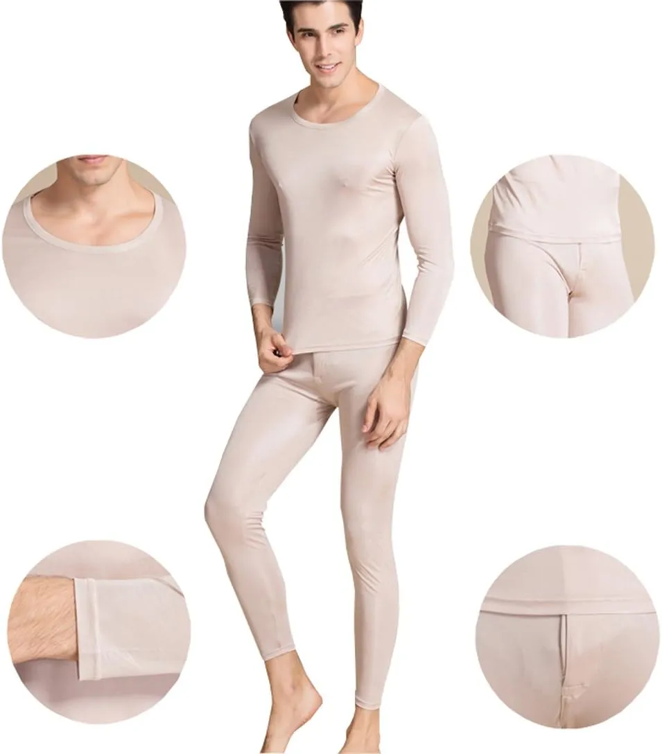 METWAY Silk Long Underwear Men's Mulberry Silk Long Johns Top and Bottom Thermal Underwear Set/Base Layer
