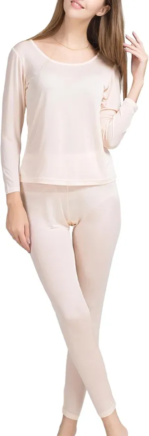 METWAY Women's Silk Long Johns Mulberry Silk Long Underwear Silk Thermal Underwear Sets Winter Silk Base Layer