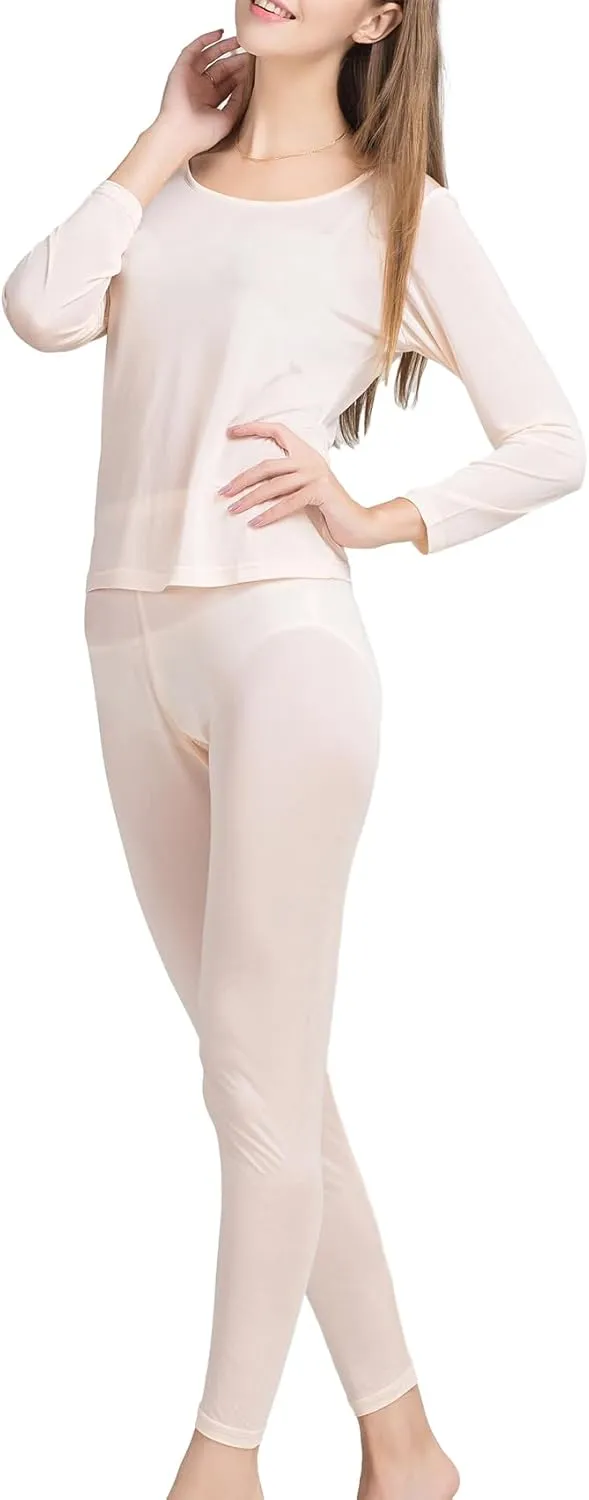 METWAY Women's Silk Long Johns Mulberry Silk Long Underwear Silk Thermal Underwear Sets Winter Silk Base Layer