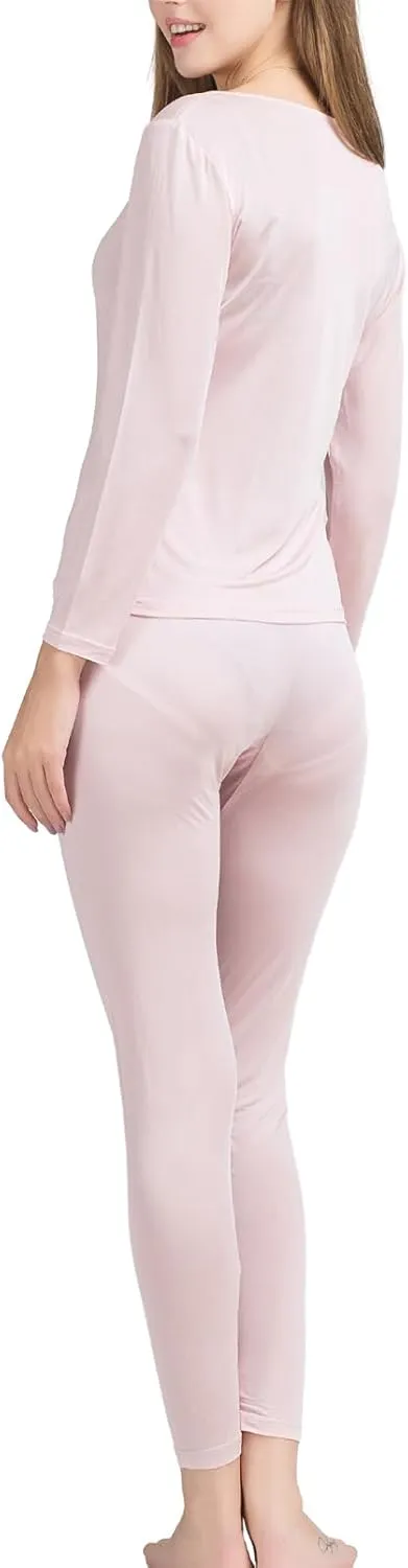 METWAY Women's Silk Long Johns Mulberry Silk Long Underwear Silk Thermal Underwear Sets Winter Silk Base Layer