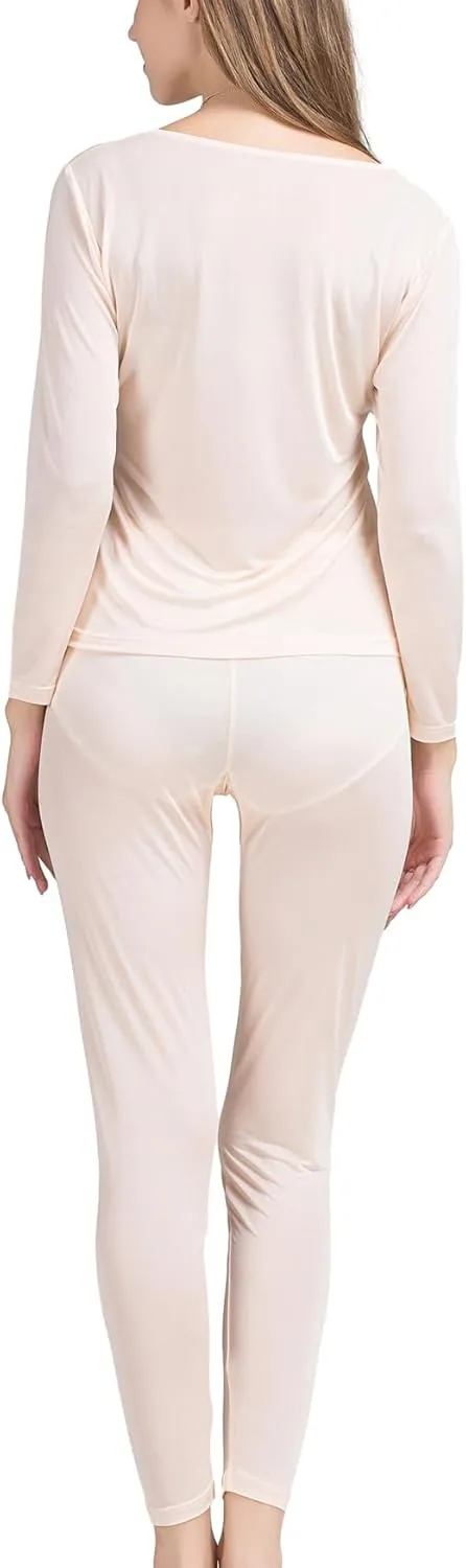 METWAY Women's Silk Long Johns Mulberry Silk Long Underwear Silk Thermal Underwear Sets Winter Silk Base Layer