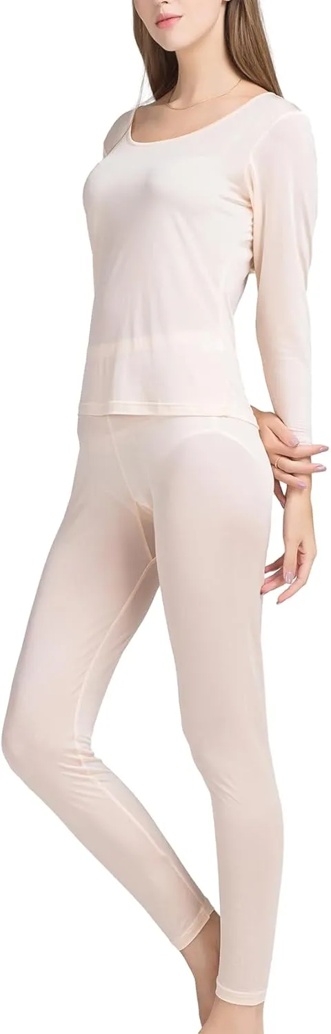 METWAY Women's Silk Long Johns Mulberry Silk Long Underwear Silk Thermal Underwear Sets Winter Silk Base Layer