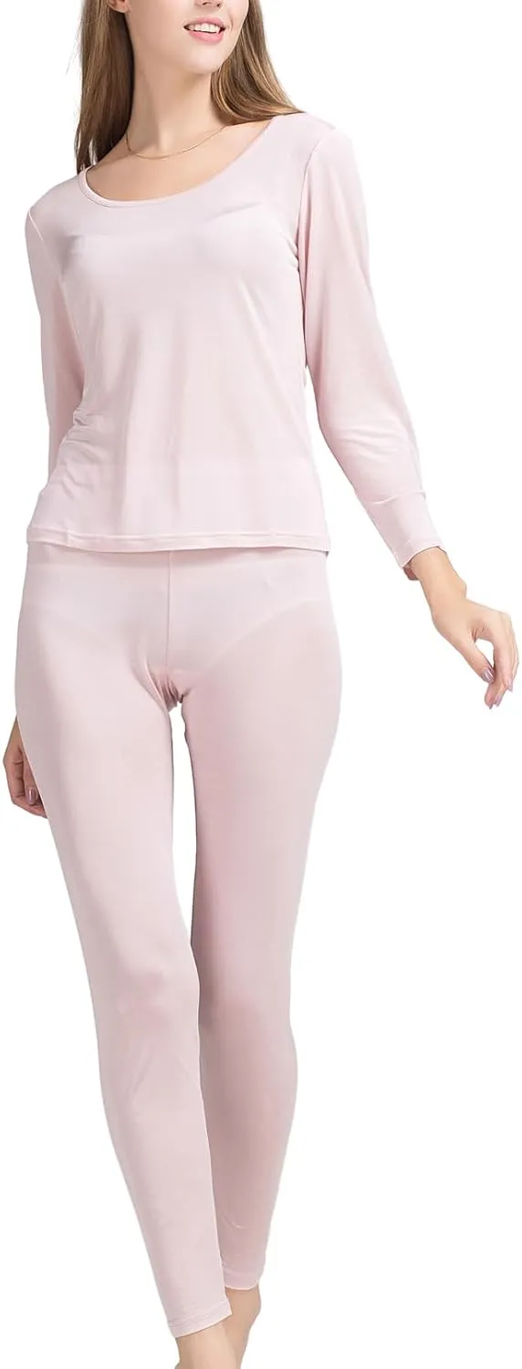 METWAY Women's Silk Long Johns Mulberry Silk Long Underwear Silk Thermal Underwear Sets Winter Silk Base Layer