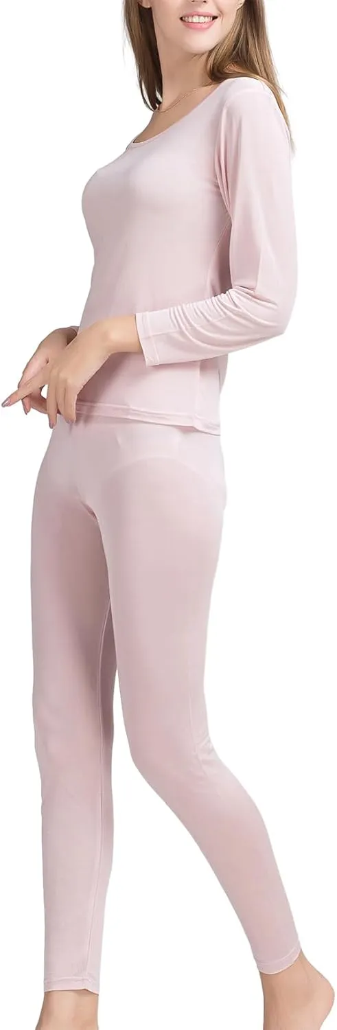 METWAY Women's Silk Long Johns Mulberry Silk Long Underwear Silk Thermal Underwear Sets Winter Silk Base Layer