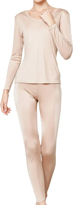 METWAY Women's Silk Long Johns V-Neck Pure Silk Thermal Underwear Sets for Winter Base Layer