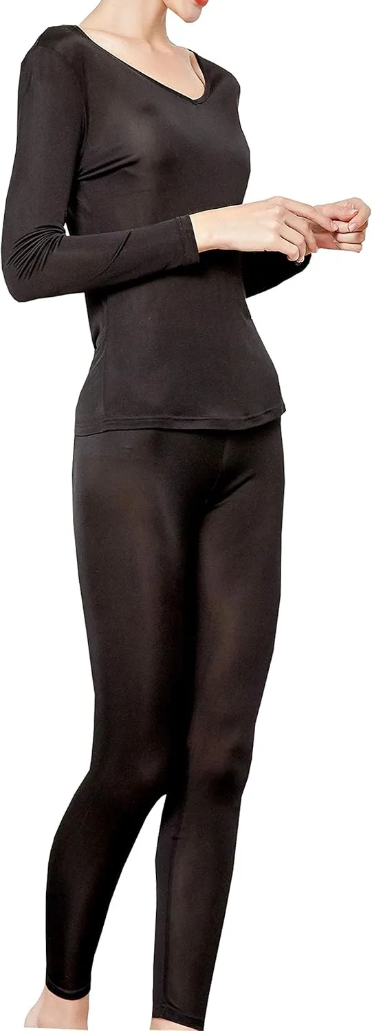 METWAY Women's Silk Long Johns V-Neck Pure Silk Thermal Underwear Sets for Winter Base Layer