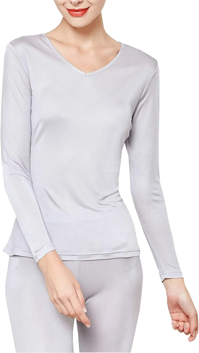 METWAY Women's Silk Long Johns V-Neck Pure Silk Thermal Underwear Sets for Winter Base Layer
