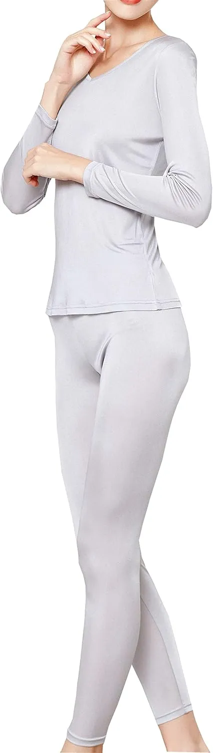 METWAY Women's Silk Long Johns V-Neck Pure Silk Thermal Underwear Sets for Winter Base Layer
