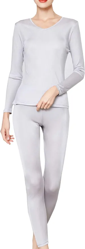 METWAY Women's Silk Long Johns V-Neck Pure Silk Thermal Underwear Sets for Winter Base Layer