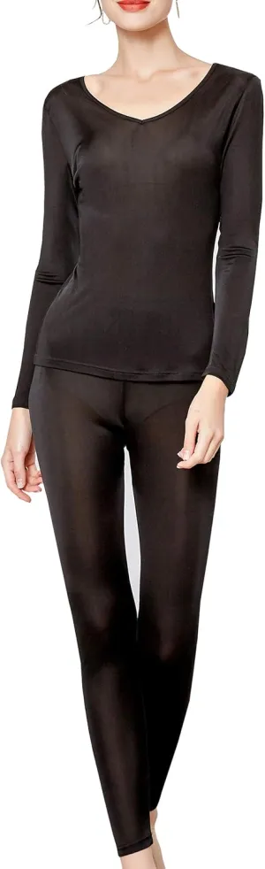 METWAY Women's Silk Long Johns V-Neck Pure Silk Thermal Underwear Sets for Winter Base Layer
