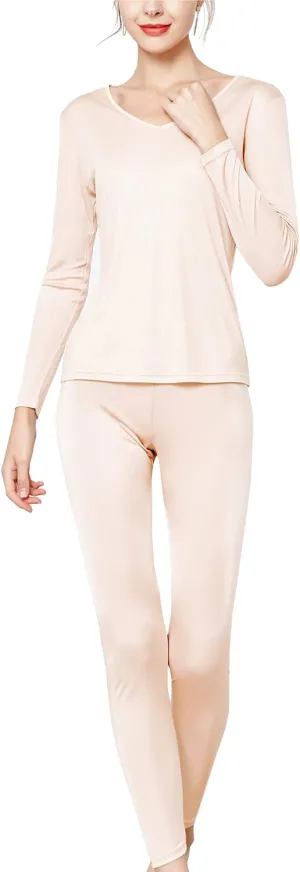 METWAY Women's Silk Long Johns V-Neck Pure Silk Thermal Underwear Sets for Winter Base Layer