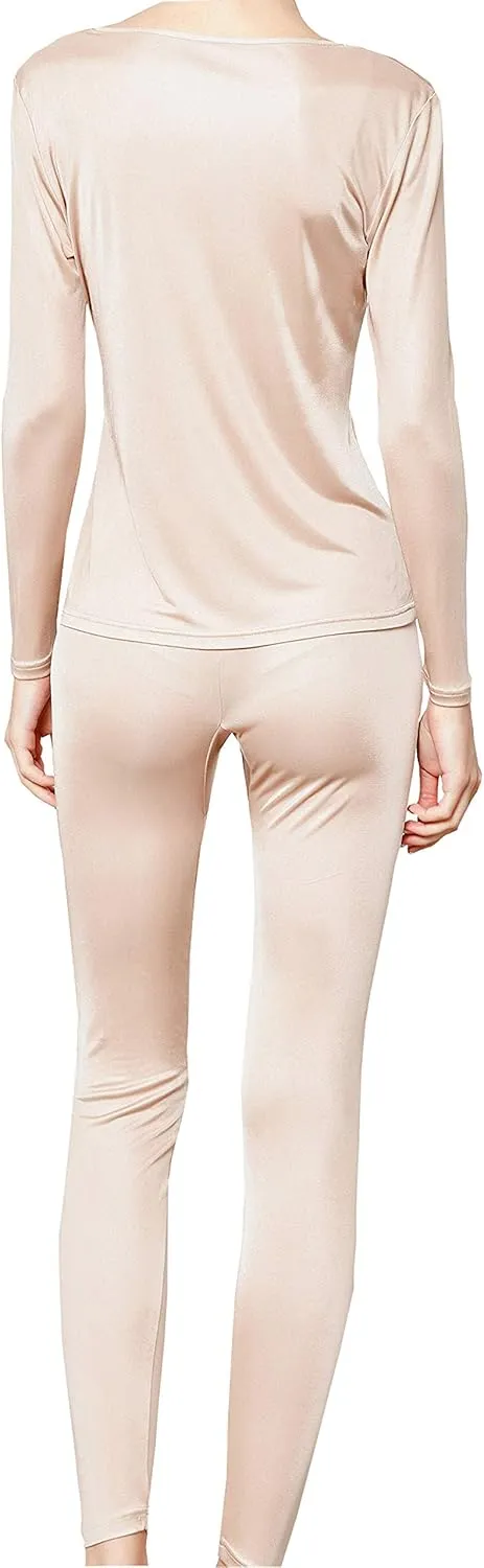 METWAY Women's Silk Long Johns V-Neck Pure Silk Thermal Underwear Sets for Winter Base Layer