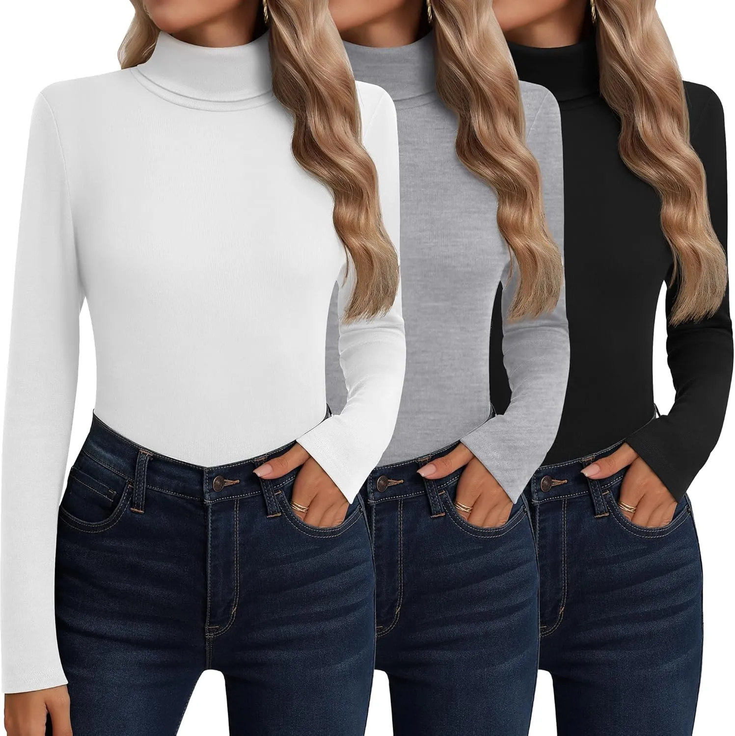 Neer 3 Pack Cotton Women's Turtleneck Long Sleeve Tops Thermal Underwear Base Layer Fall Winter Shirts Sweater