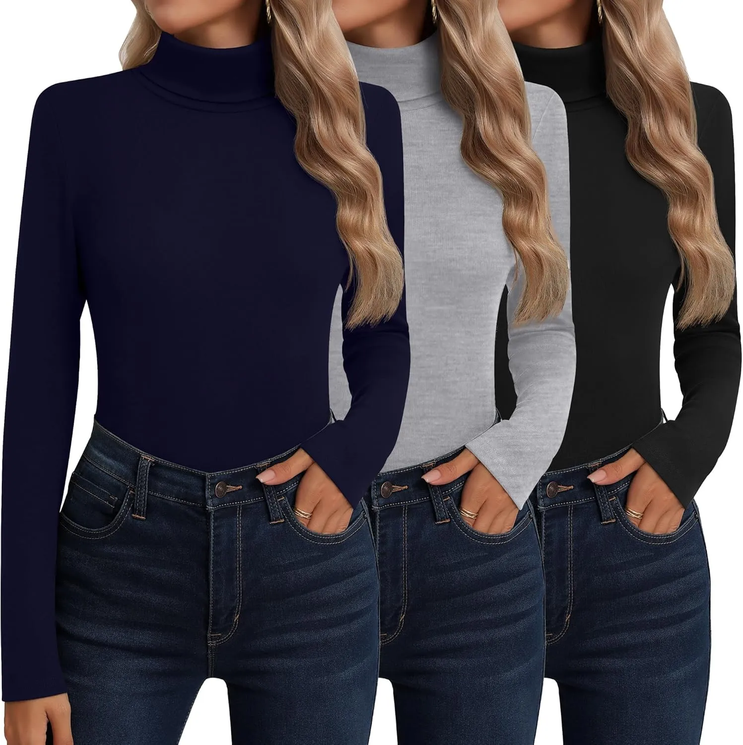 Neer 3 Pack Cotton Women's Turtleneck Long Sleeve Tops Thermal Underwear Base Layer Fall Winter Shirts Sweater