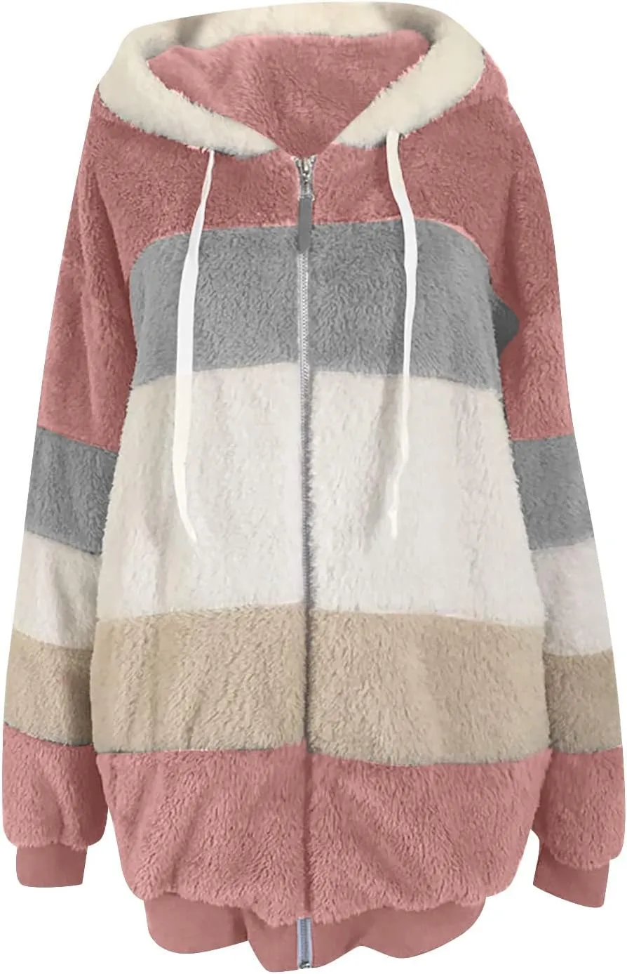 Oversized Fuzzy Fleece Jackets For Women Fashion 2023 Color Block Faux Fur Cardigan Coat Shaggy Warm Winter Outerwear