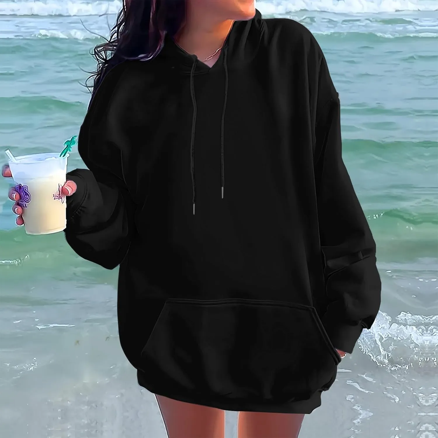 Oversized Hoodies for Women Fleece Plain Hooded Sweatshirts with Pocket Casual Long Sleeve Pullover Sweaters Y2k Tops