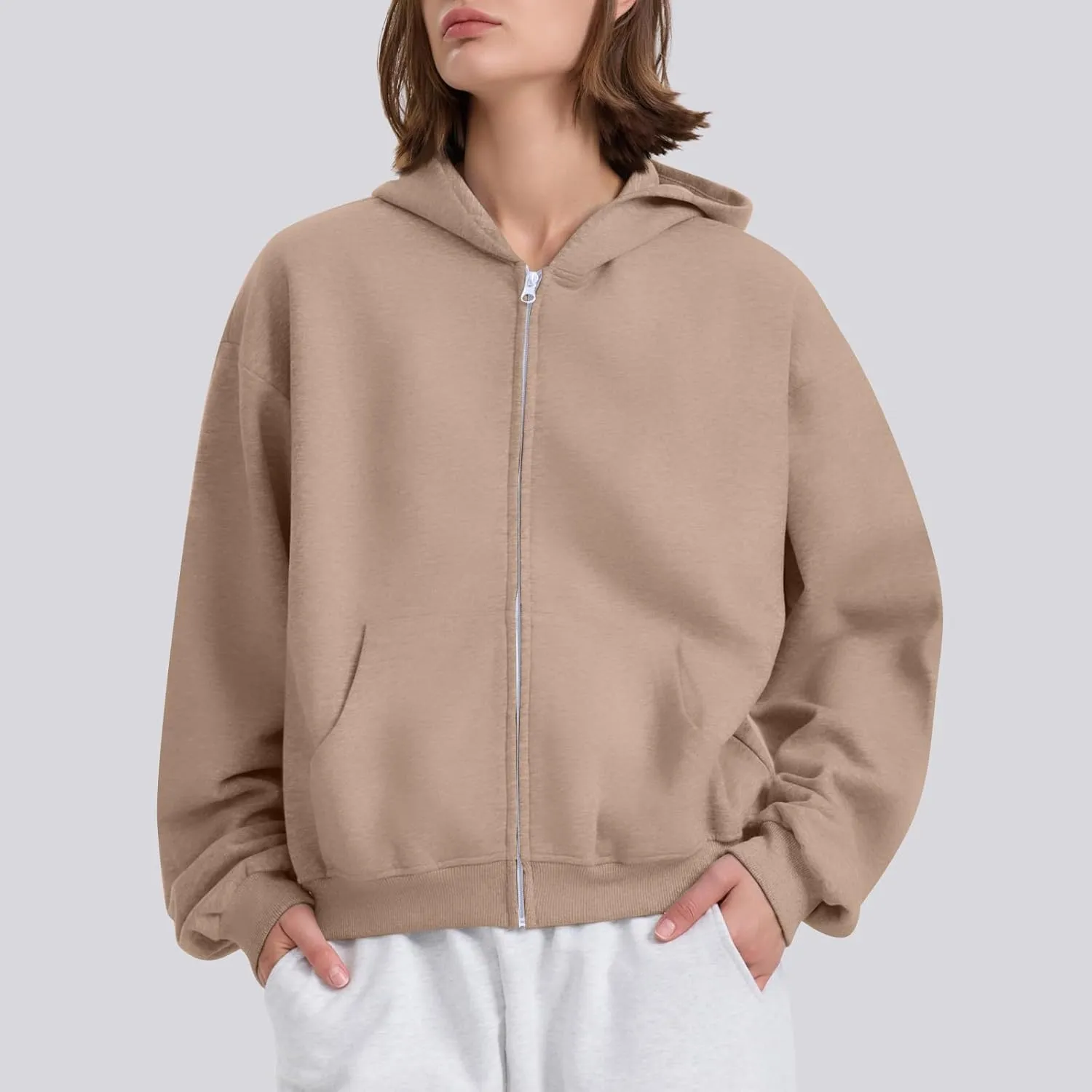 Oversized Zip Up Hoodie for Women Fleece Plain Cropped Sweatshirts Trendy Y2k Comfy Preppy Zipper Hoodies Winter
