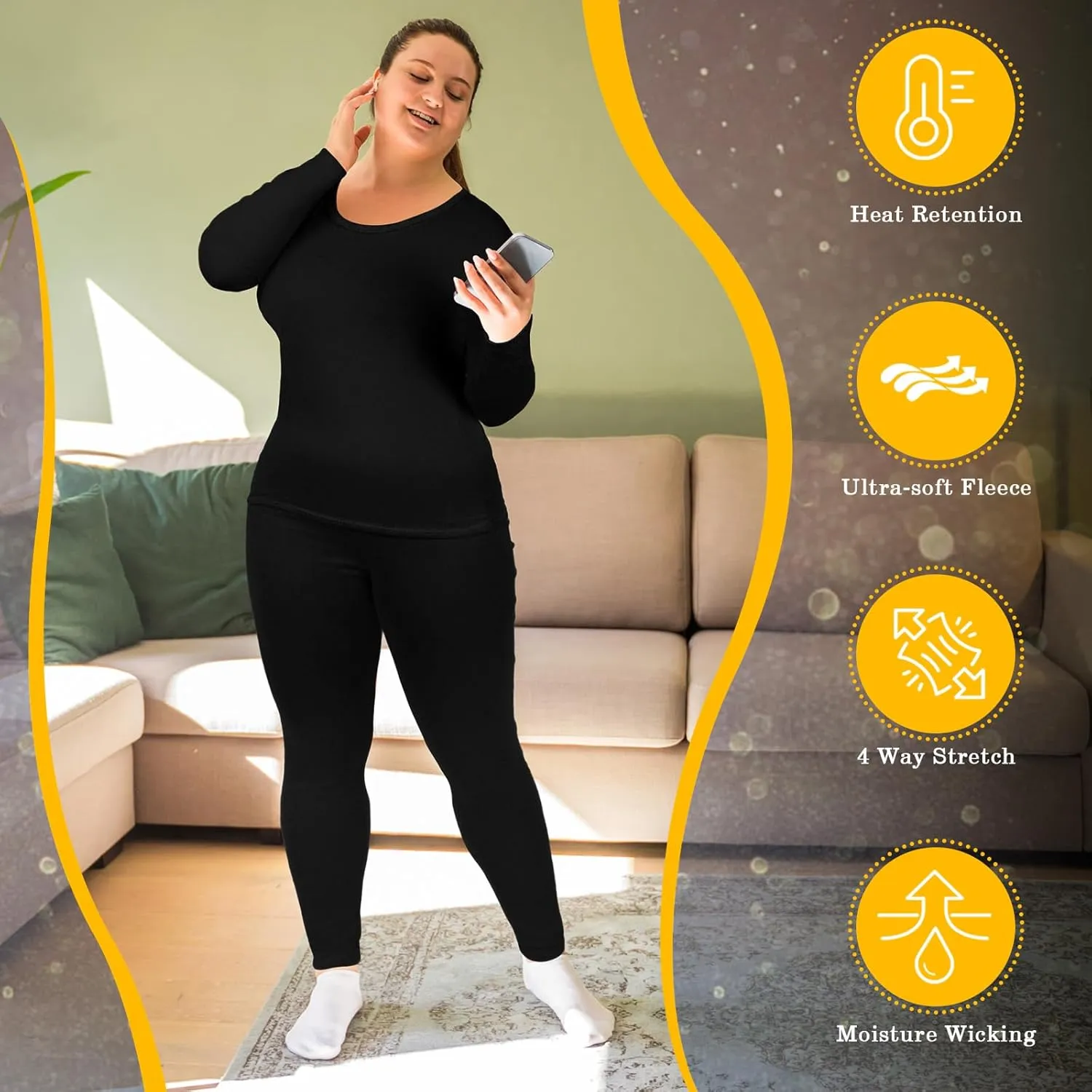 Patelai 2 Sets Plus Size Long Thermal Underwear for Women Fleece Lined Base Layer Pajama Top and Bottom Cold Weather