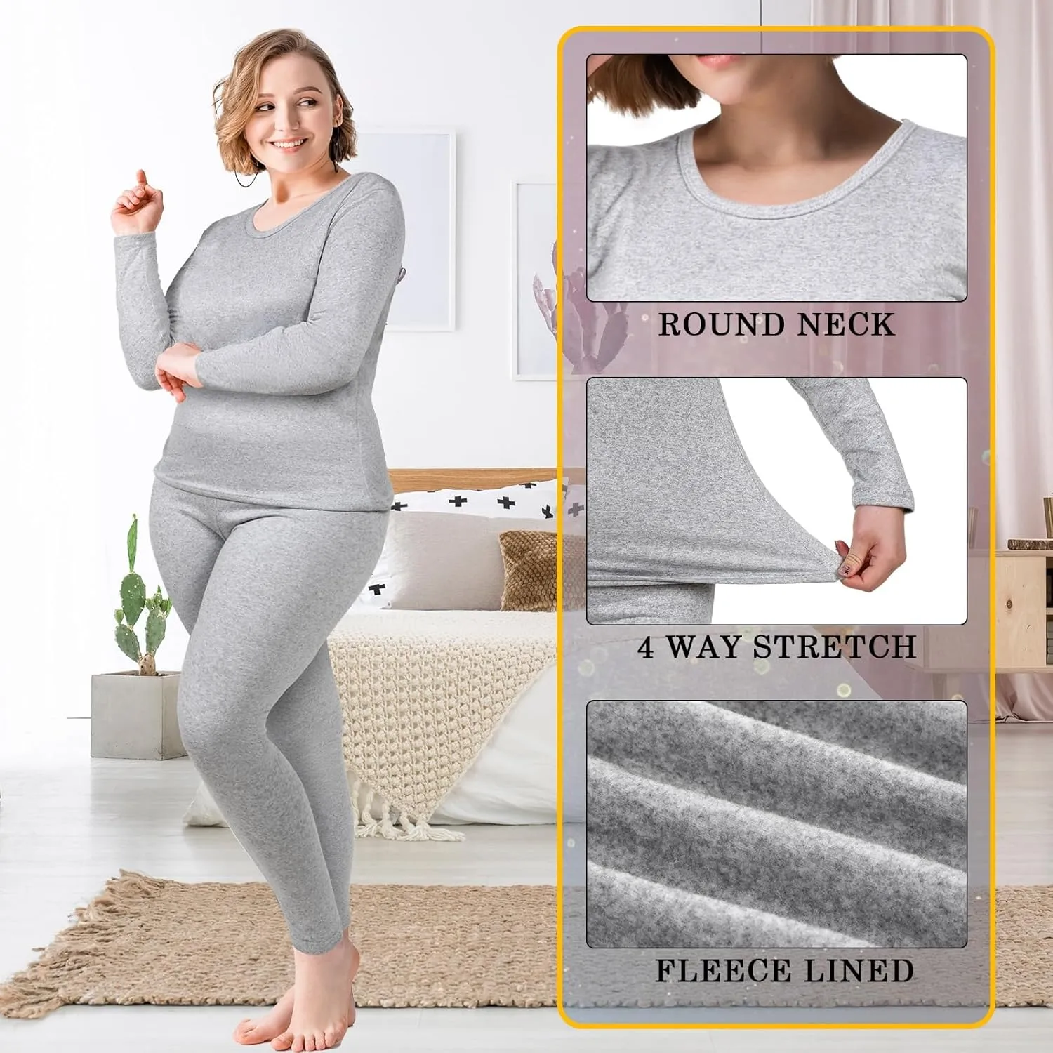 Patelai 2 Sets Plus Size Long Thermal Underwear for Women Fleece Lined Base Layer Pajama Top and Bottom Cold Weather