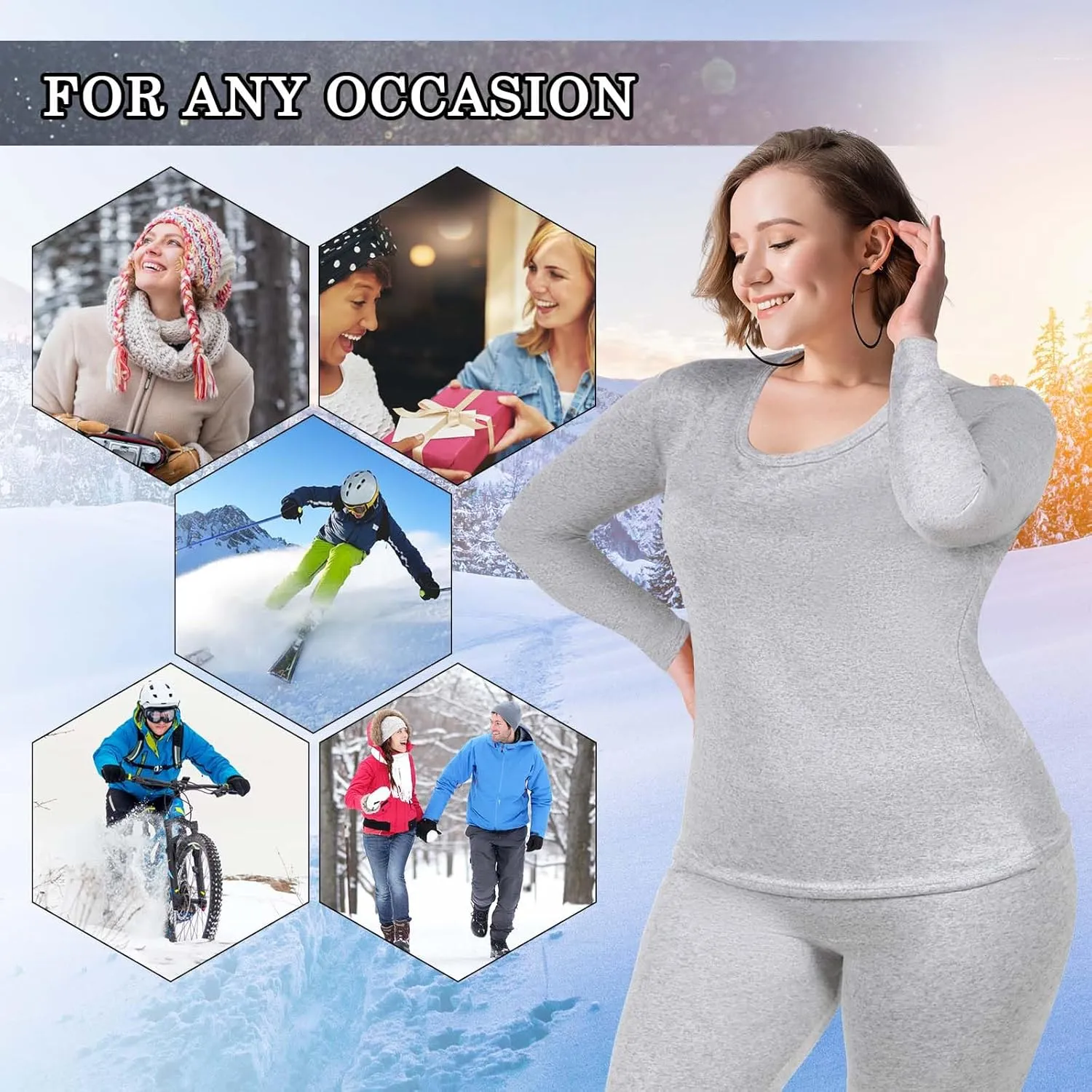 Patelai 2 Sets Plus Size Long Thermal Underwear for Women Fleece Lined Base Layer Pajama Top and Bottom Cold Weather