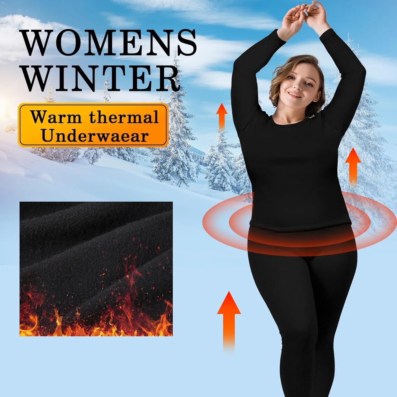 Patelai 2 Sets Plus Size Long Thermal Underwear for Women Fleece Lined Base Layer Pajama Top and Bottom Cold Weather