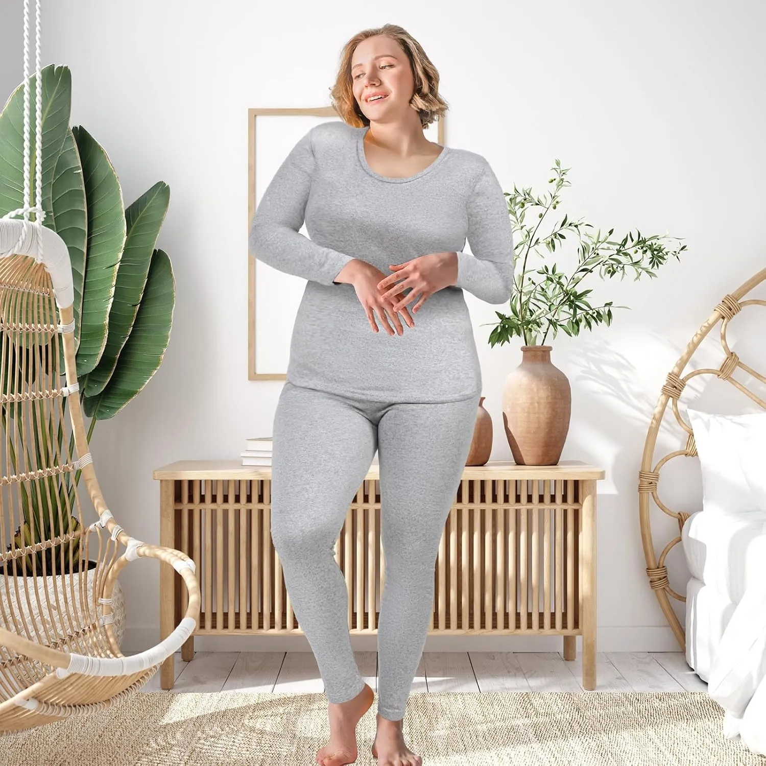 Patelai 2 Sets Plus Size Long Thermal Underwear for Women Fleece Lined Base Layer Pajama Top and Bottom Cold Weather