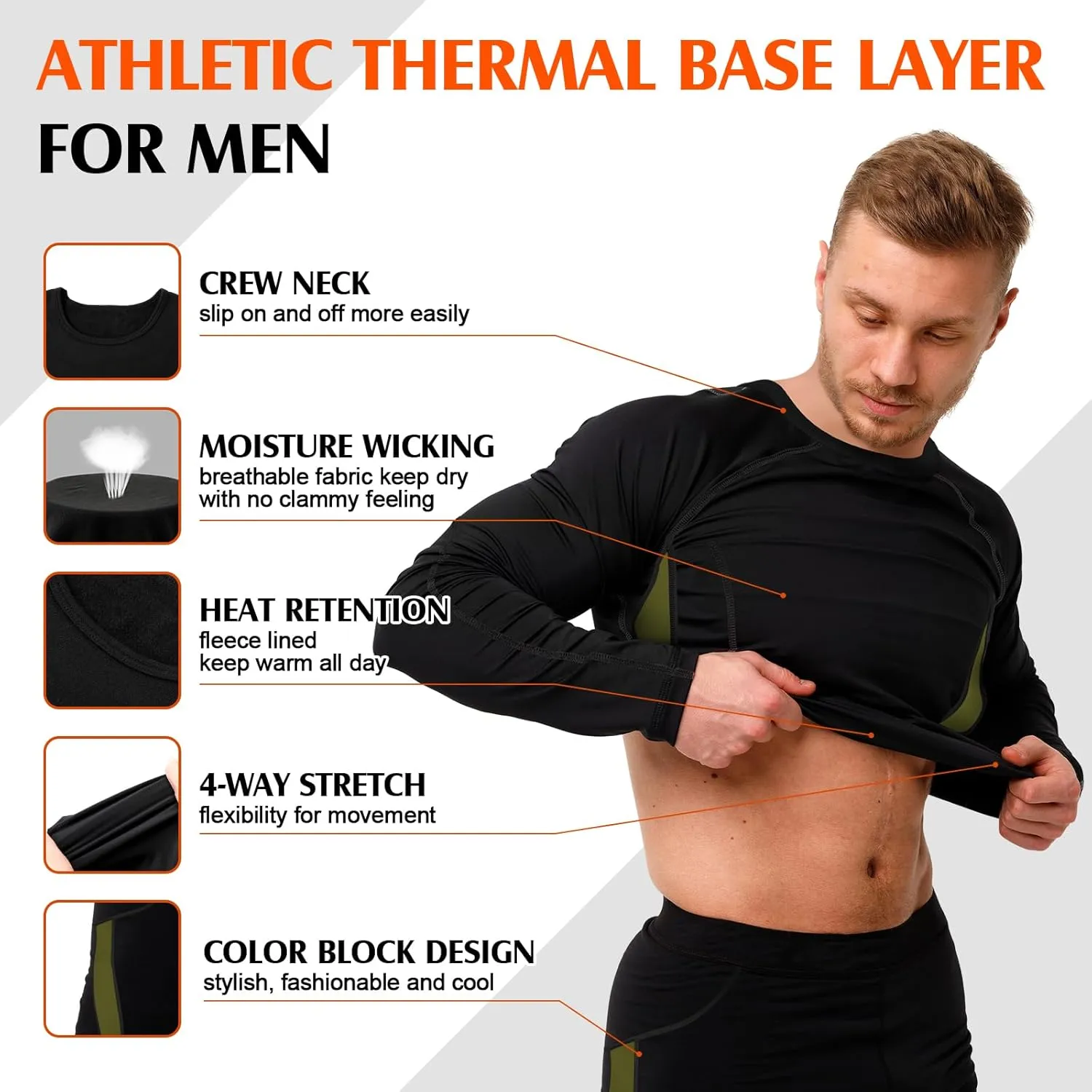 Patelai 3 Sets Men's Thermal Underwear Set Fleece Lined Base Layer Top Bottom Set Warm Hunting Skiing Gear for Cold Weather