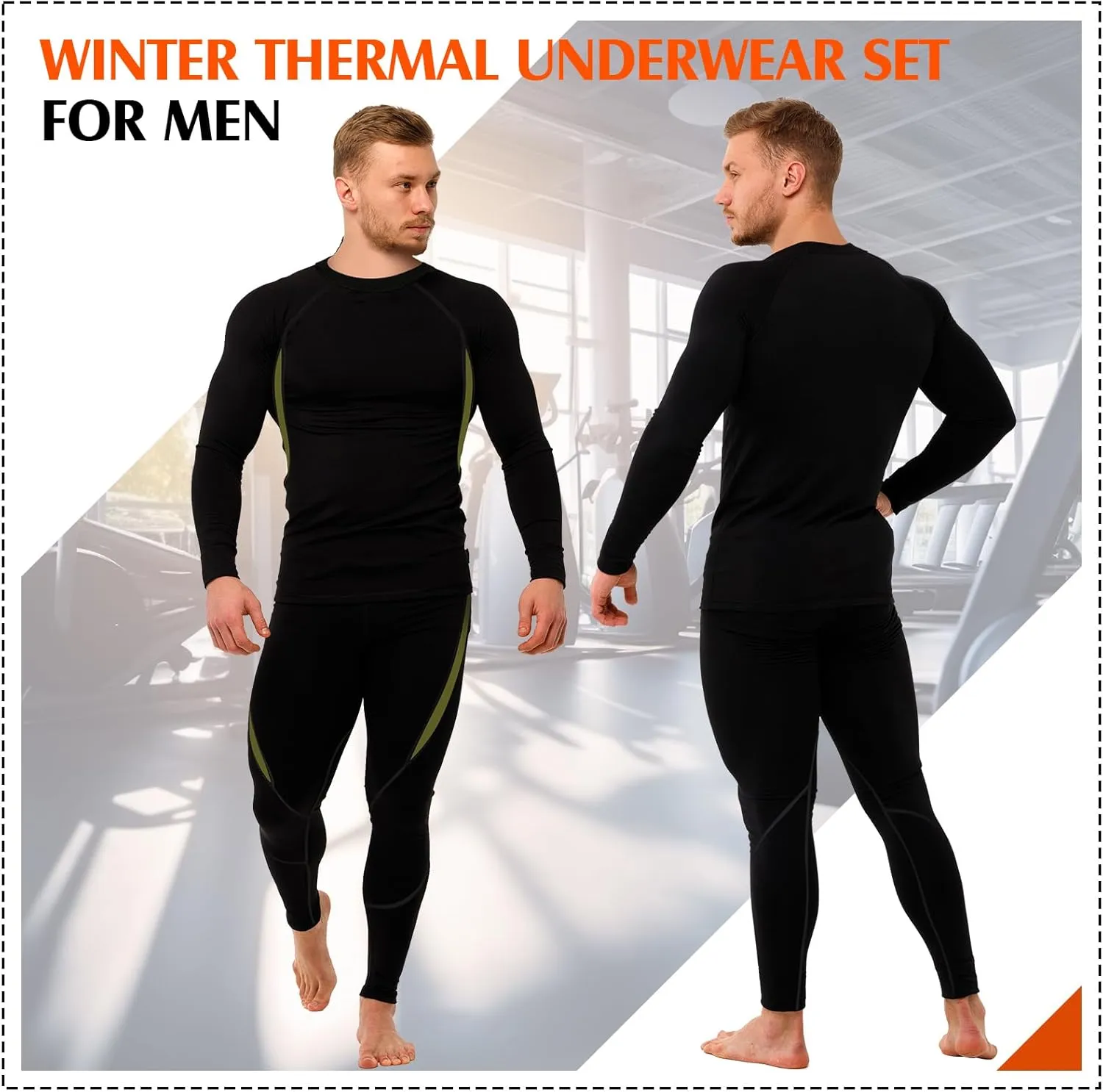 Patelai 3 Sets Men's Thermal Underwear Set Fleece Lined Base Layer Top Bottom Set Warm Hunting Skiing Gear for Cold Weather