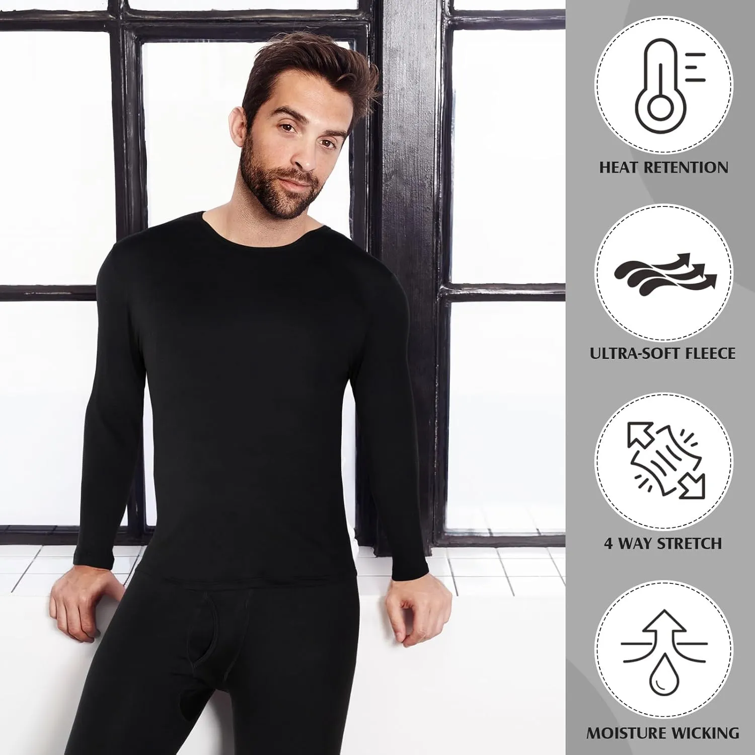 Patelai 5 Sets Men's Thermal Underwear Fleece Base Layer Set Winter Base Layer Cold Weather Top Bottom