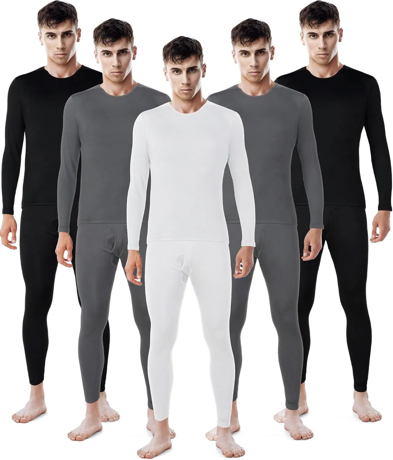 Patelai 5 Sets Men's Thermal Underwear Fleece Base Layer Set Winter Base Layer Cold Weather Top Bottom