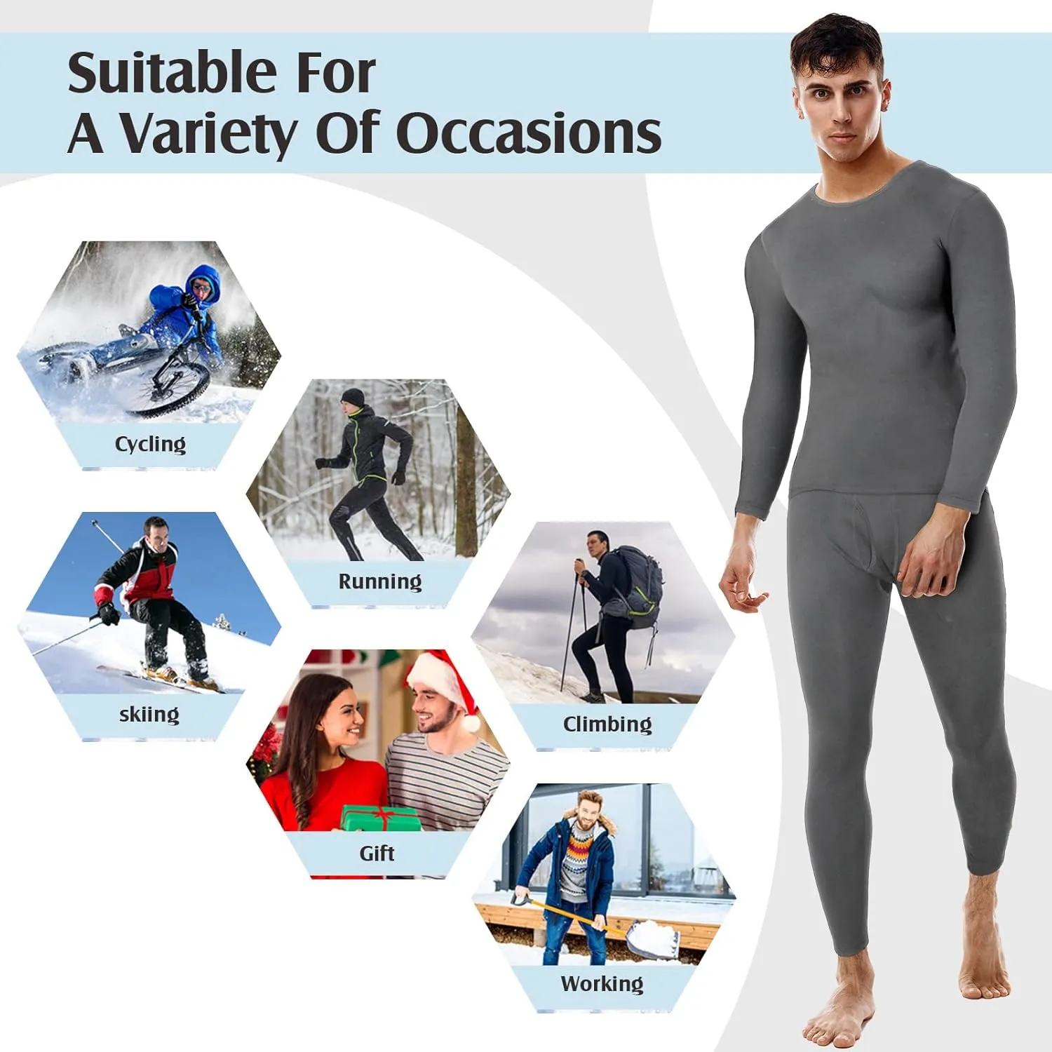 Patelai 5 Sets Men's Thermal Underwear Fleece Base Layer Set Winter Base Layer Cold Weather Top Bottom