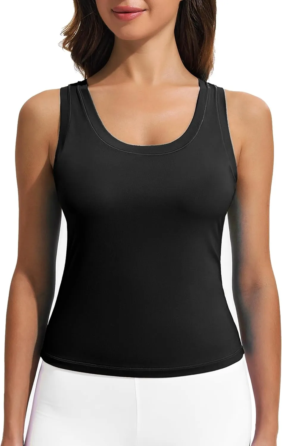 PINSPARK Workout Tops for Women Double Lined Athletic Shirts Scoop Neck Racerback Gym Tanks Sleeveless Tight Crop Yoga Top