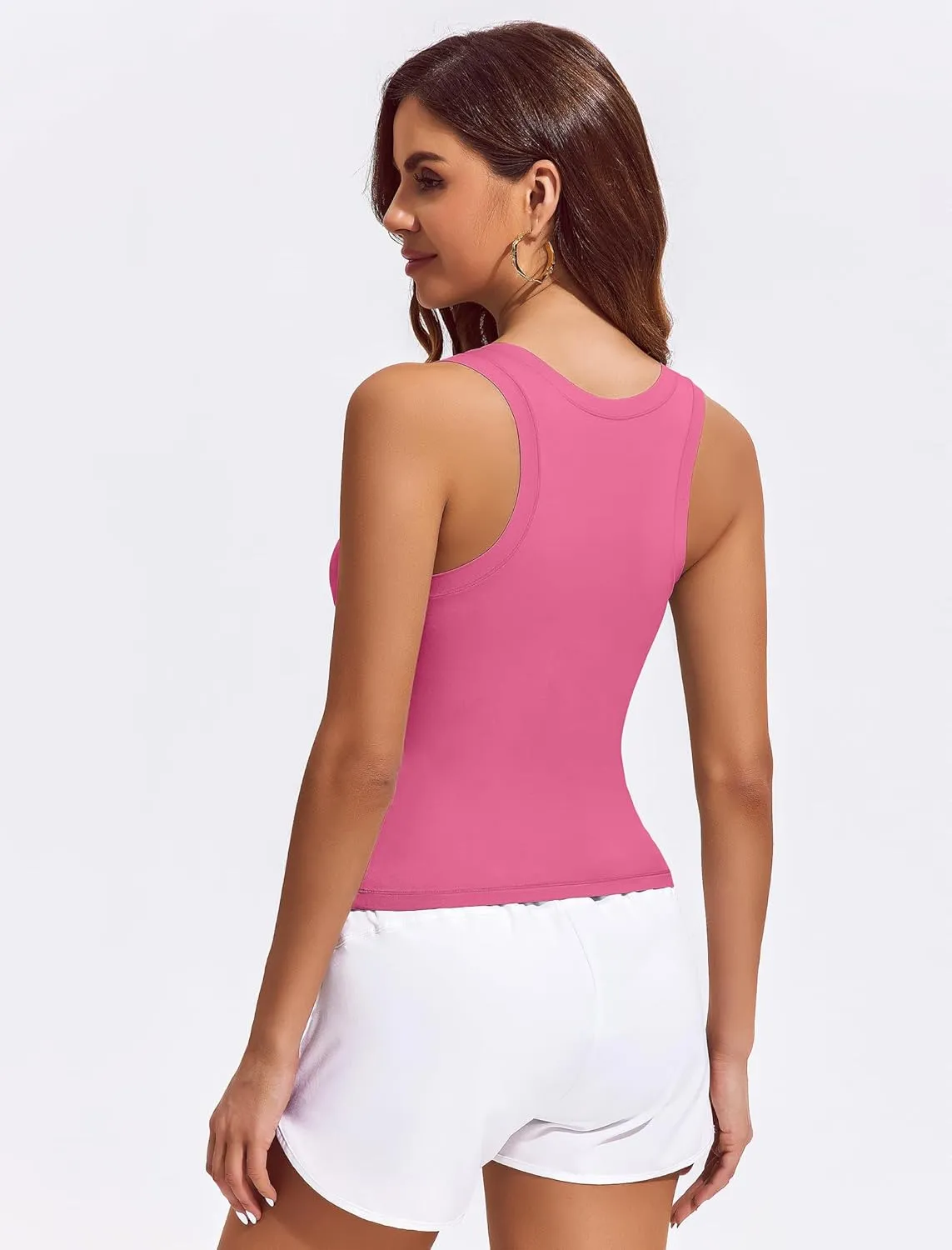 PINSPARK Workout Tops for Women Double Lined Athletic Shirts Scoop Neck Racerback Gym Tanks Sleeveless Tight Crop Yoga Top