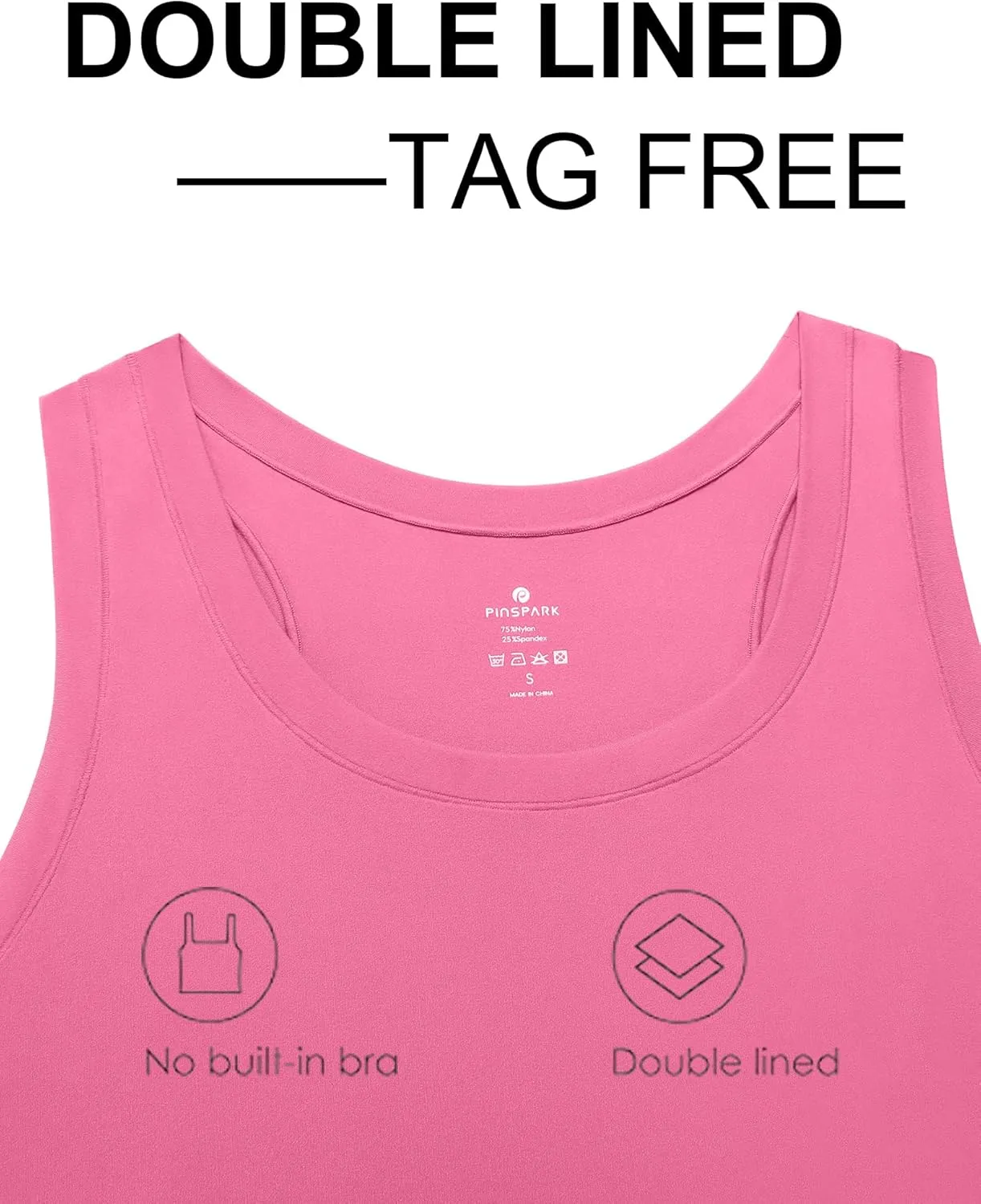 PINSPARK Workout Tops for Women Double Lined Athletic Shirts Scoop Neck Racerback Gym Tanks Sleeveless Tight Crop Yoga Top