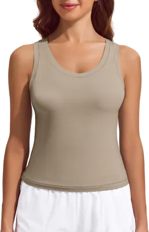 PINSPARK Workout Tops for Women Double Lined Athletic Shirts Scoop Neck Racerback Gym Tanks Sleeveless Tight Crop Yoga Top