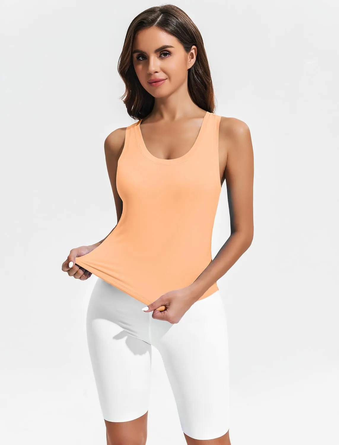 PINSPARK Workout Tops for Women Double Lined Athletic Shirts Scoop Neck Racerback Gym Tanks Sleeveless Tight Crop Yoga Top