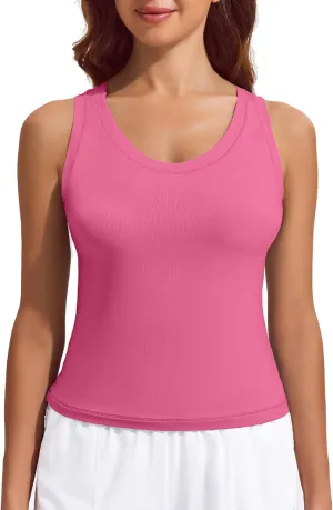 PINSPARK Workout Tops for Women Double Lined Athletic Shirts Scoop Neck Racerback Gym Tanks Sleeveless Tight Crop Yoga Top